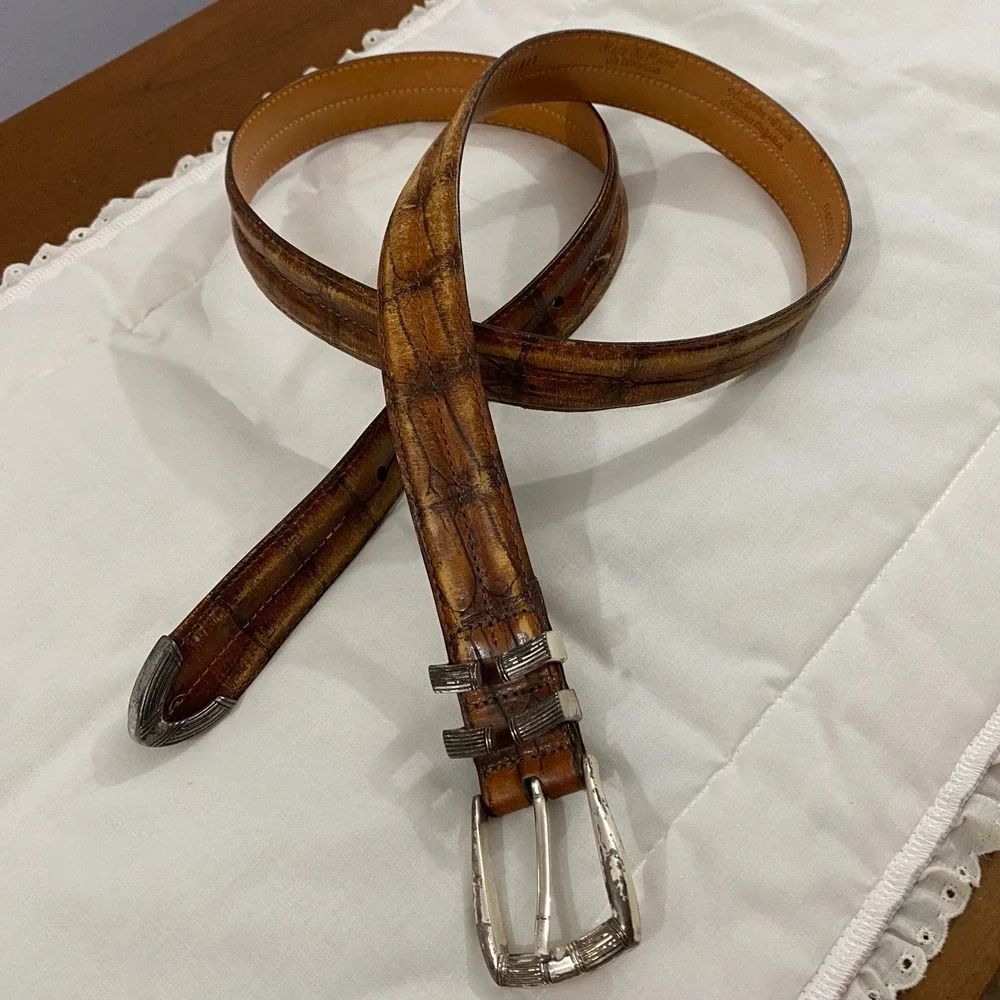 Martin Dingman VTG Belt Men 42 Brown Alligator Grain Leather USA 045126 Buckle
